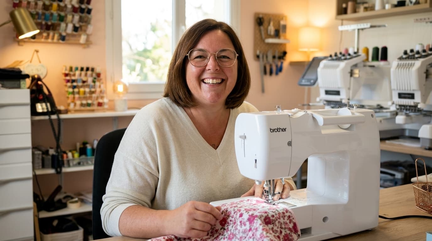 Sandrine dans son atelier de broderie à Robertot