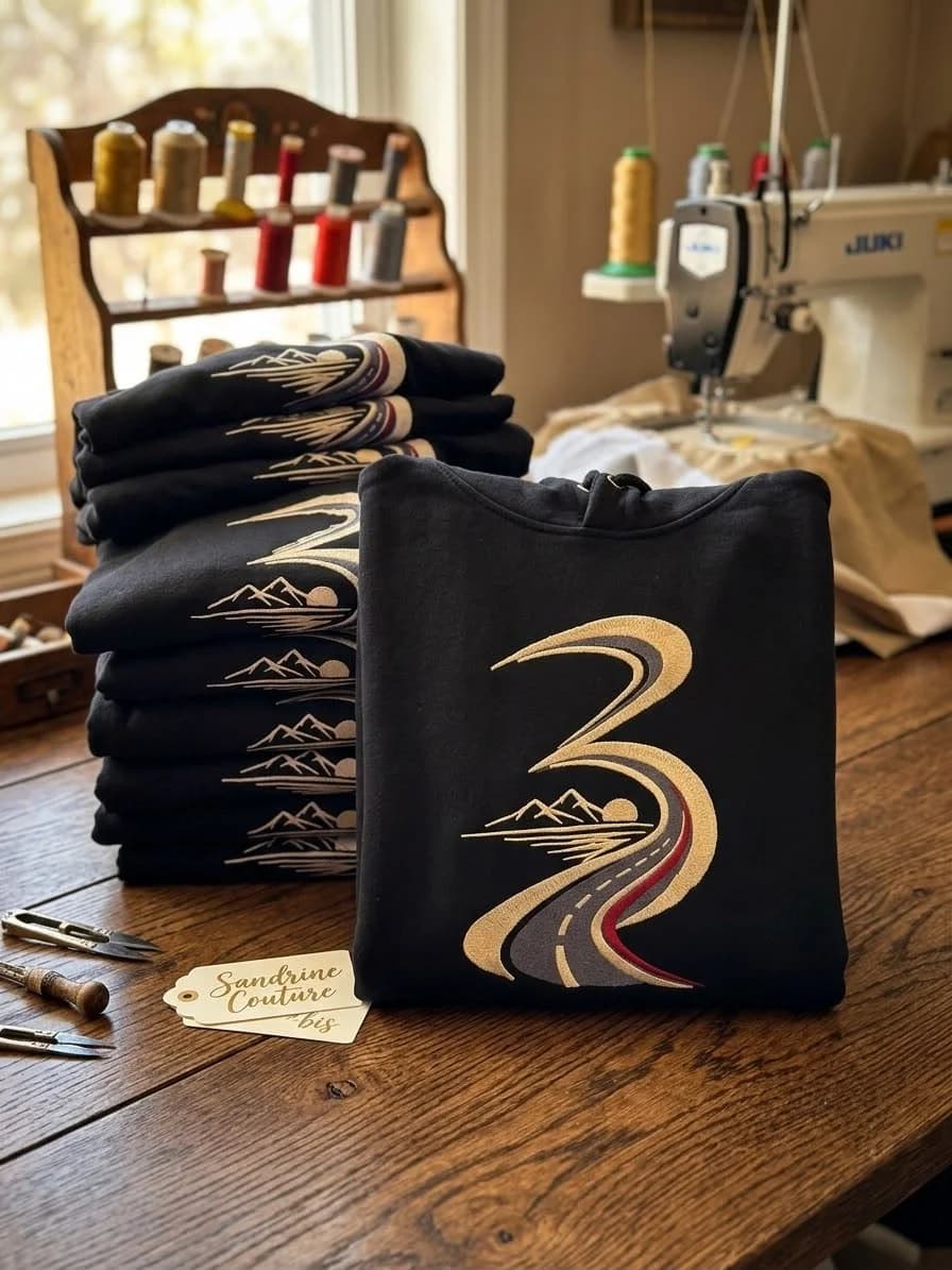 Série de sweats à capuche brodés pour entreprises et clubs par Sandrine Couture dans son atelier à Robertot en Normandie
