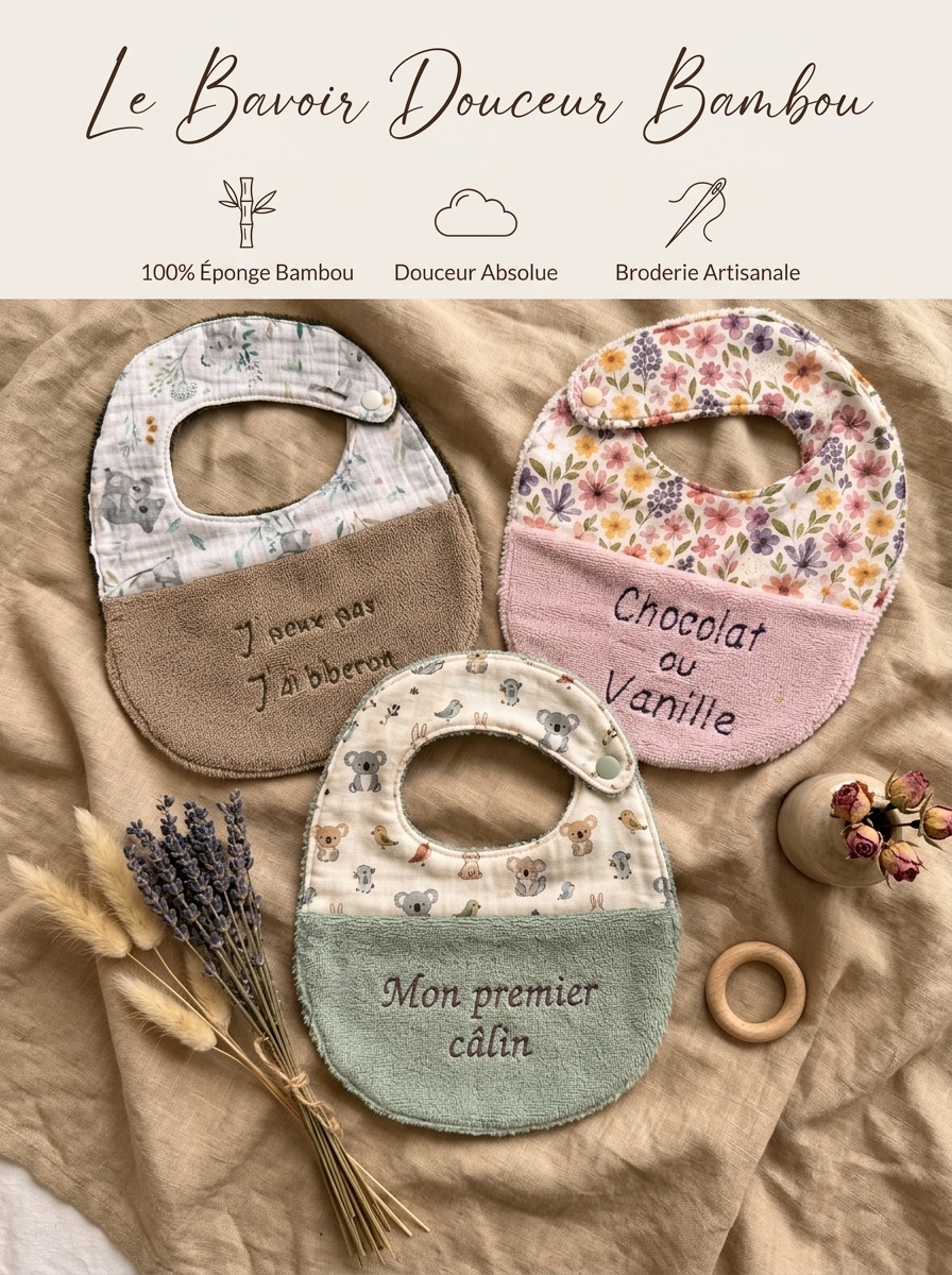 Bavoir Douceur en Éponge de Bambou & Broderie