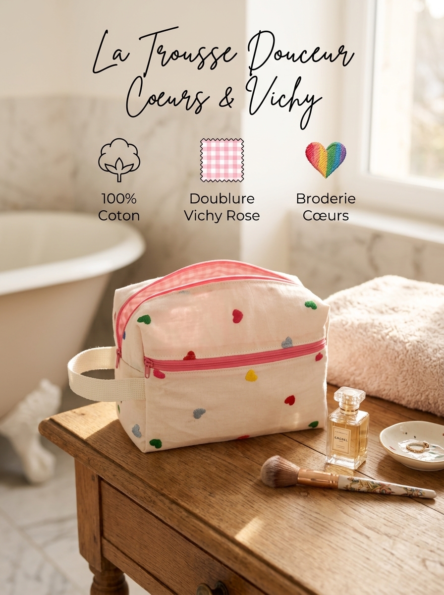 Trousse en Coton Broderie Cœurs & Vichy Rose